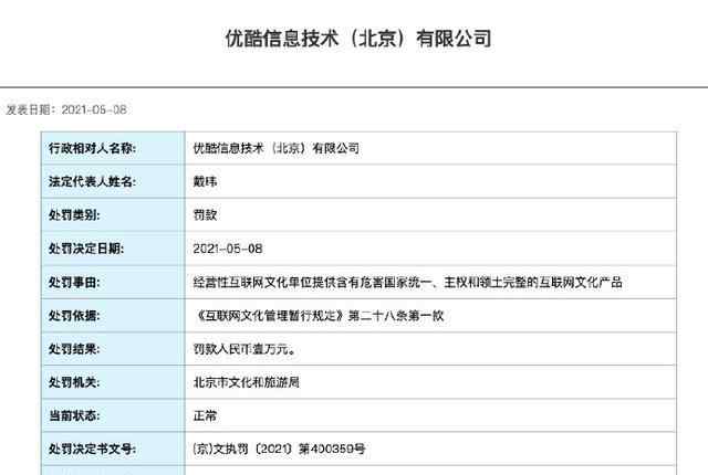 優(yōu)酷被北京文旅局處罰1萬元 登上網(wǎng)絡(luò)熱搜了！