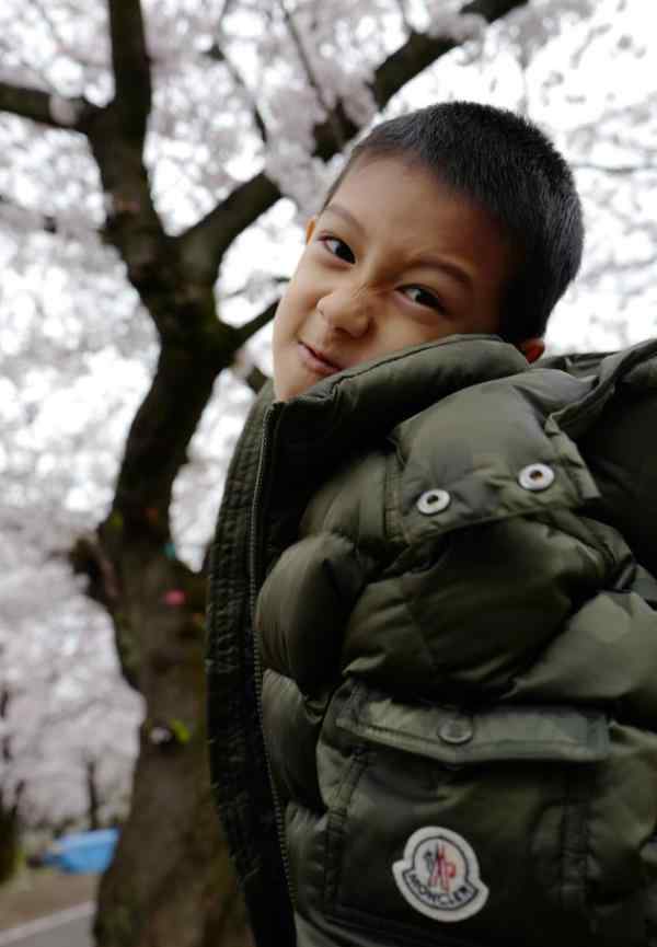 胡靜與兒子花下漫步沐浴晨光 素顏出鏡嫩膚惹人